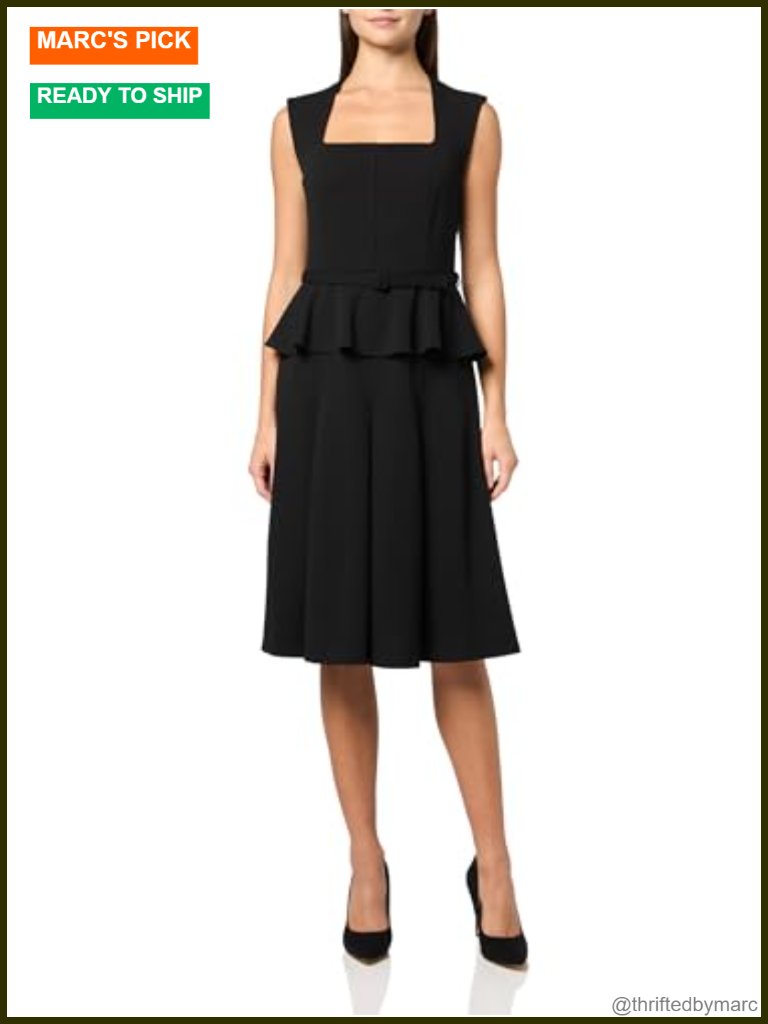 Cap Sleeve Square Neck Peplum Midi Dress Scuba Crepe With Belt
